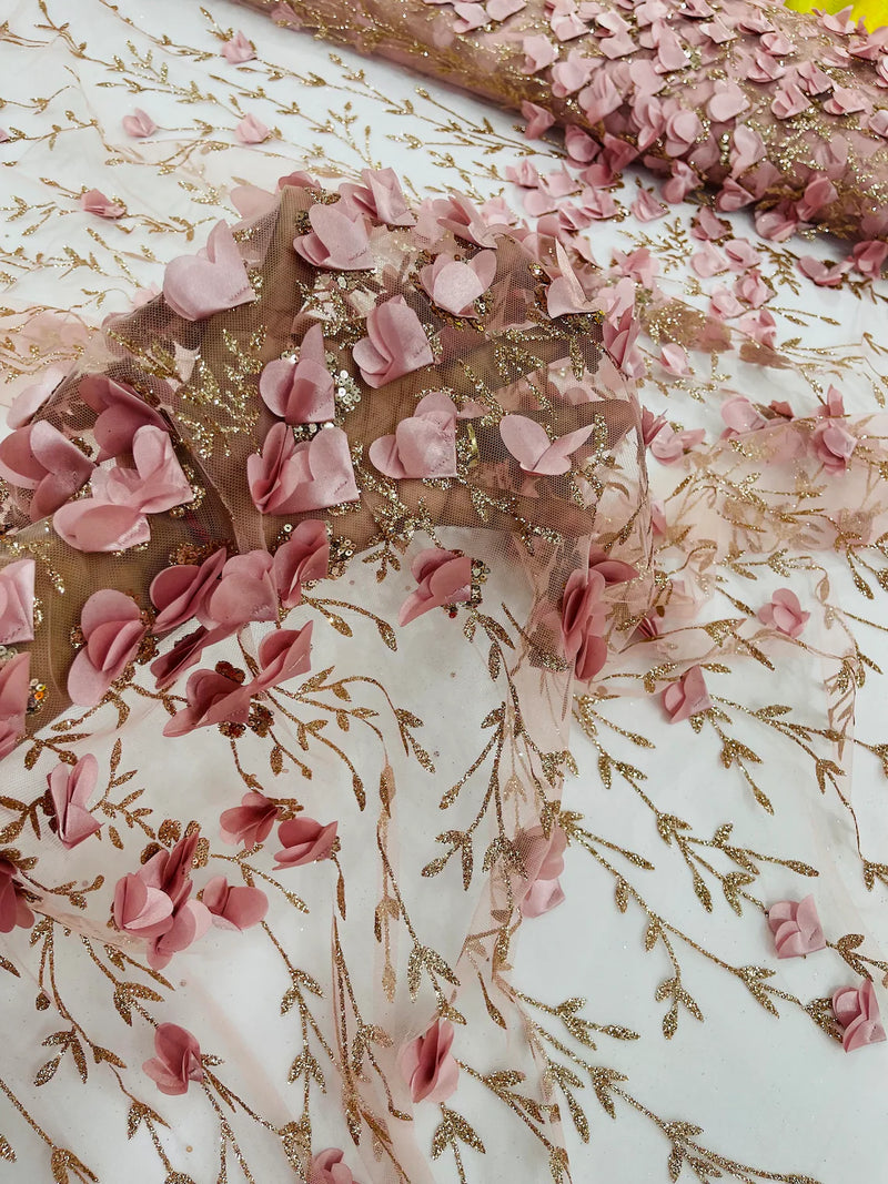 3D Glitter Floral Fabric - Dusty Rose - Floral Line Glitter Designs on Mesh Fabric Sold By Yard