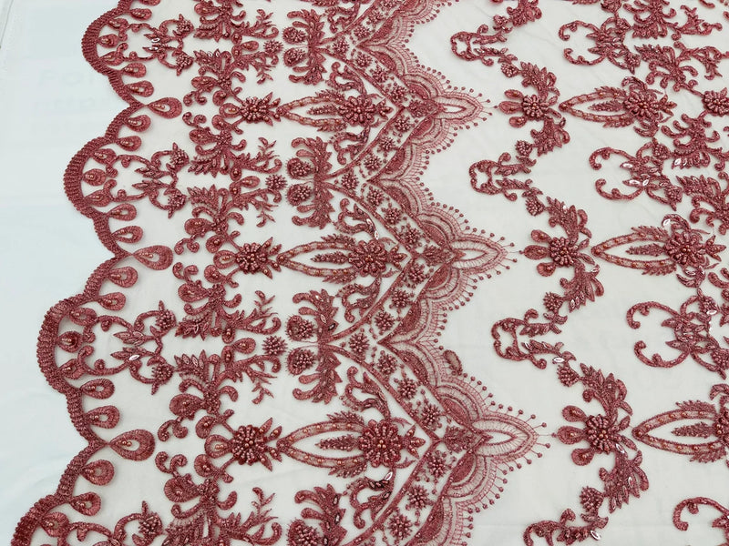 Damask Beaded Glam Fabric - Dusty Rose - Embroidery Beaded Fabric with Round Beads Sold By The Yard