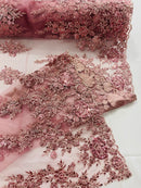 Rose Beaded Sequin Fabric - Dusty Rose - Embroidered Floral Pattern with Beads and Sequins By Yard