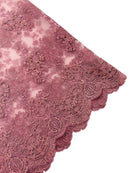Damask Flower Lace Fabric - Dusty Rose - Damask Flowers Embroidered on Lace Fabric By Yard