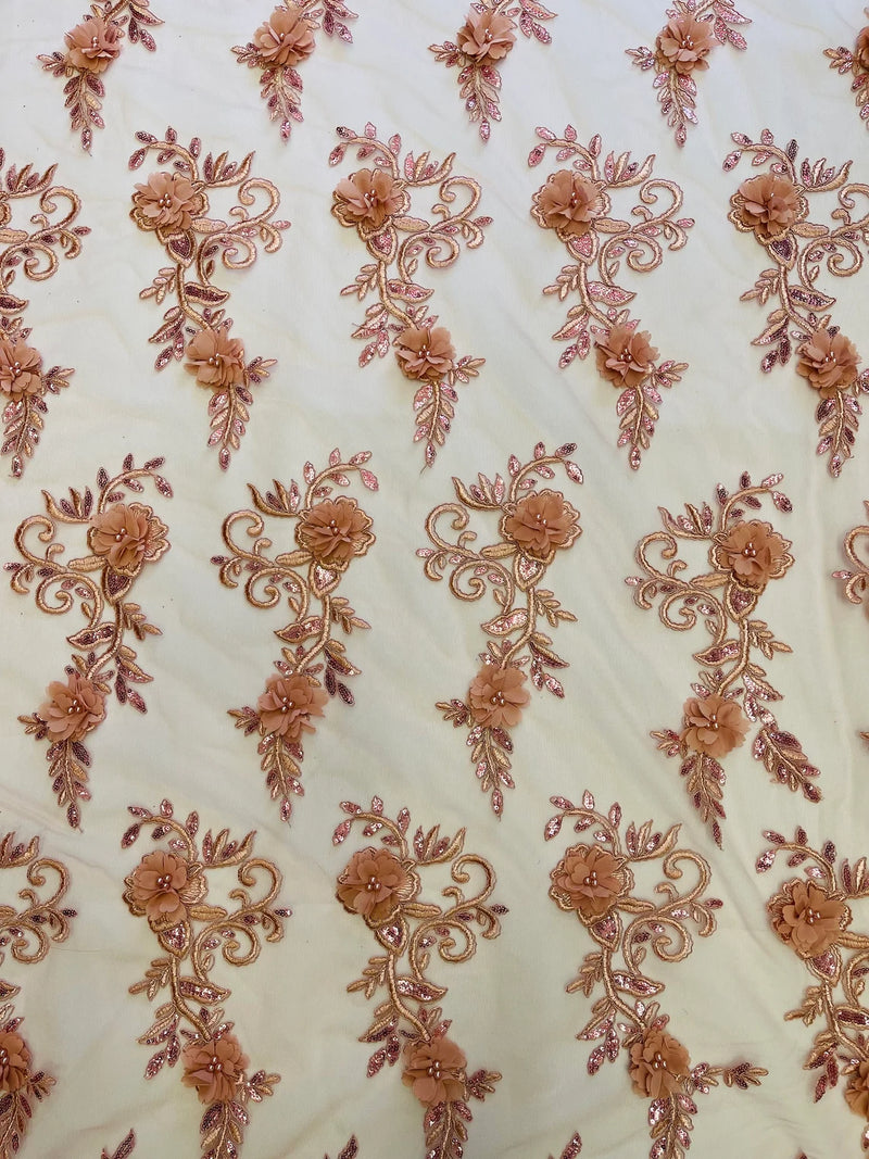 3D Floral Cluster with Border Lace - Dusty Rose - Flower with Leaves Design 3D Fabrics Sold By Yard