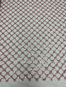 Diamond Net Bead Fabric - Dusty Rose - Geometric Embroidery Beaded Sequins Fabric Sold By The Yard