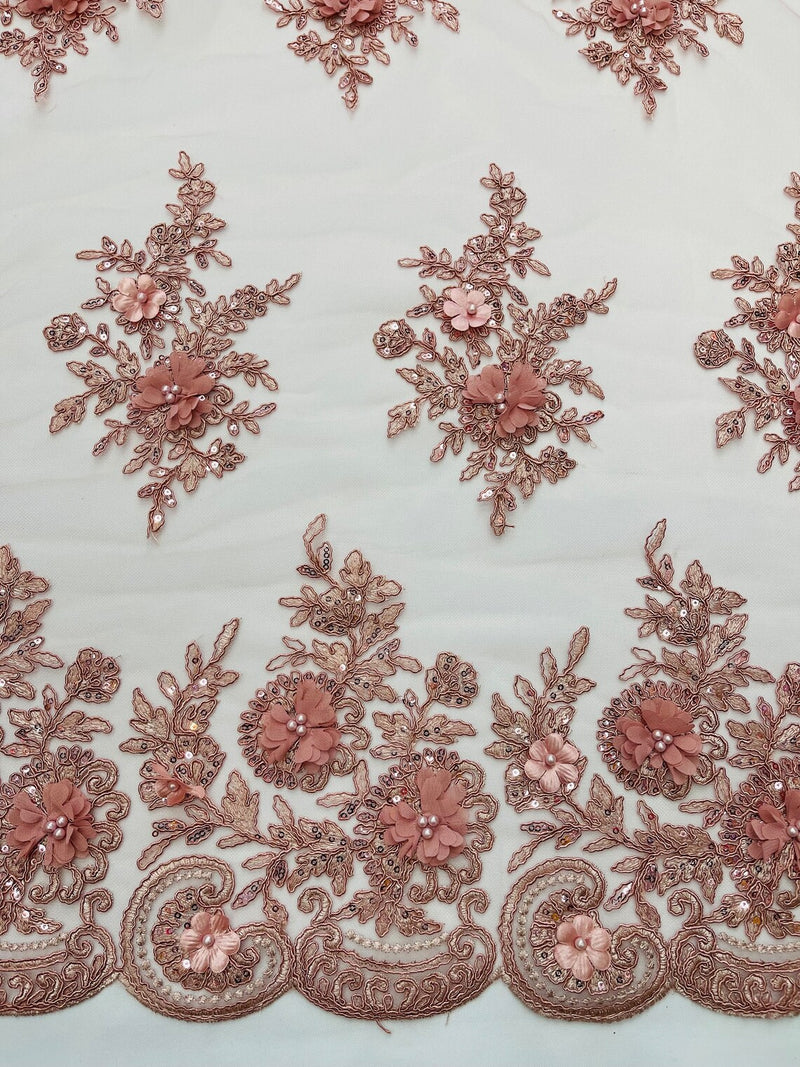 3D Floral Valentina Lace Fabric - Dusty Rose - Sequins and Beads on Flower Design Fabric By Yard