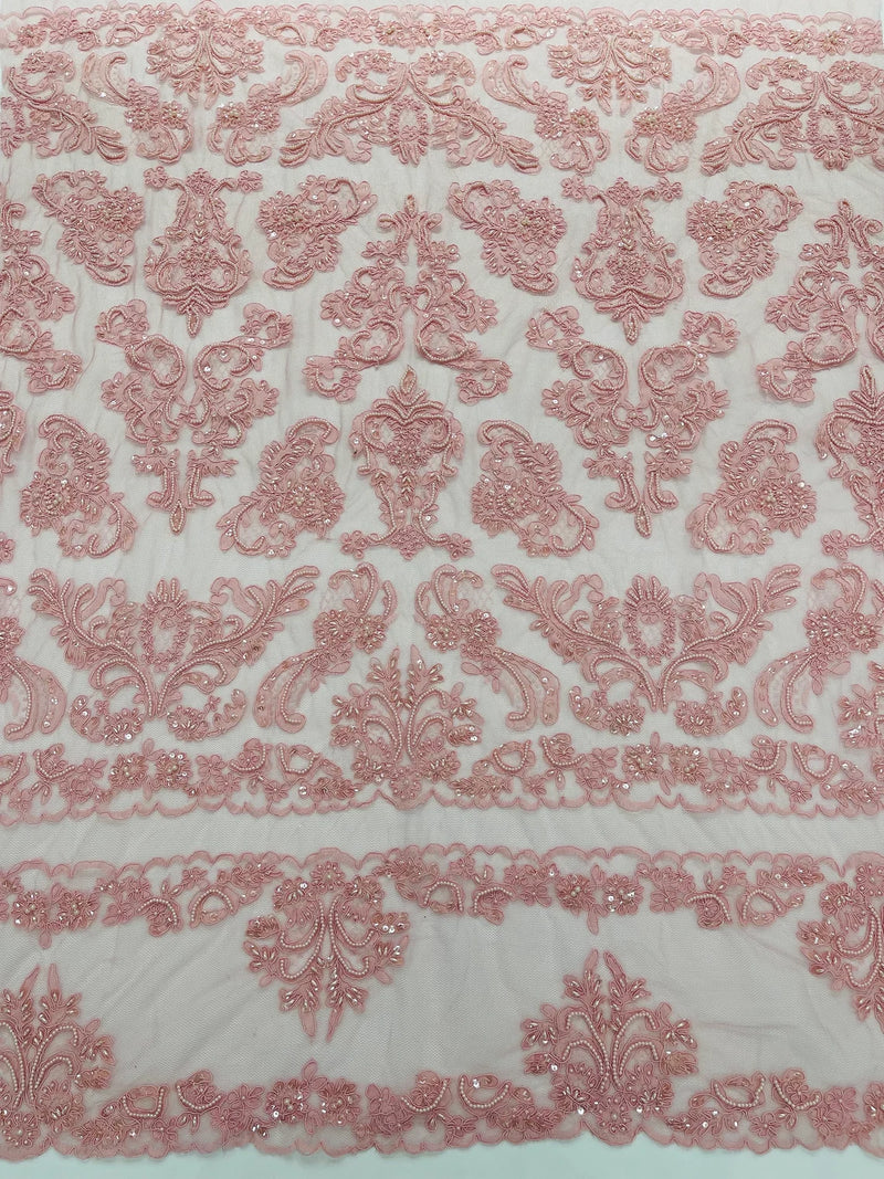 My Lady Beaded Fabric - Dusty Rose - Damask Beaded Sequins Embroidered Fabric By Yard