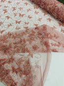 3D Butterfly Sequins Bead Fabric - Dusty Rose - Sequins Embroidered Beaded Fabric By Yard