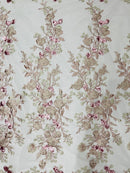 Rose Plant Design Sequins Fabric - Dusty Rose - Embroidered Sequins Rose Pattern on Lace By Yard