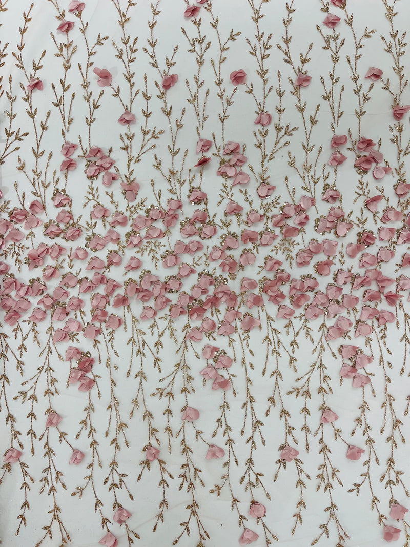 3D Glitter Floral Fabric - Dusty Rose - Floral Line Glitter Designs on Mesh Fabric Sold By Yard