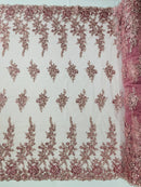 Rose Beaded Sequin Fabric - Dusty Rose - Embroidered Floral Pattern with Beads and Sequins By Yard
