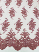 Damask Flower Lace Fabric - Dusty Rose - Damask Flowers Embroidered on Lace Fabric By Yard