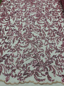 Floral Leaf Bead Fabric - Dusty Rose - Leaf Design Shiny Beads and Sequins on Lace Mesh by Yard