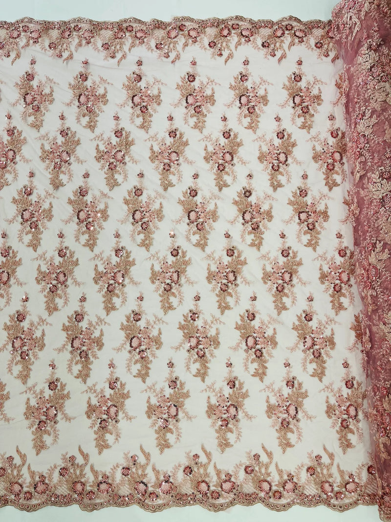 Beaded Sequins Floral Fabric - Dusty Rose - Embroidered Beaded Floral Clusters Sequins Fabric By Yard