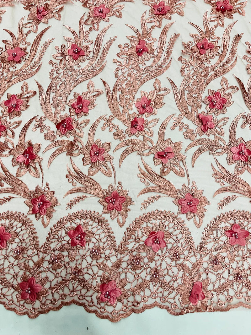 3D Floral Leaf Line Panels - Dusty Rose - 3D Embroidered Flower Lines with Pearls on Lace By Yard
