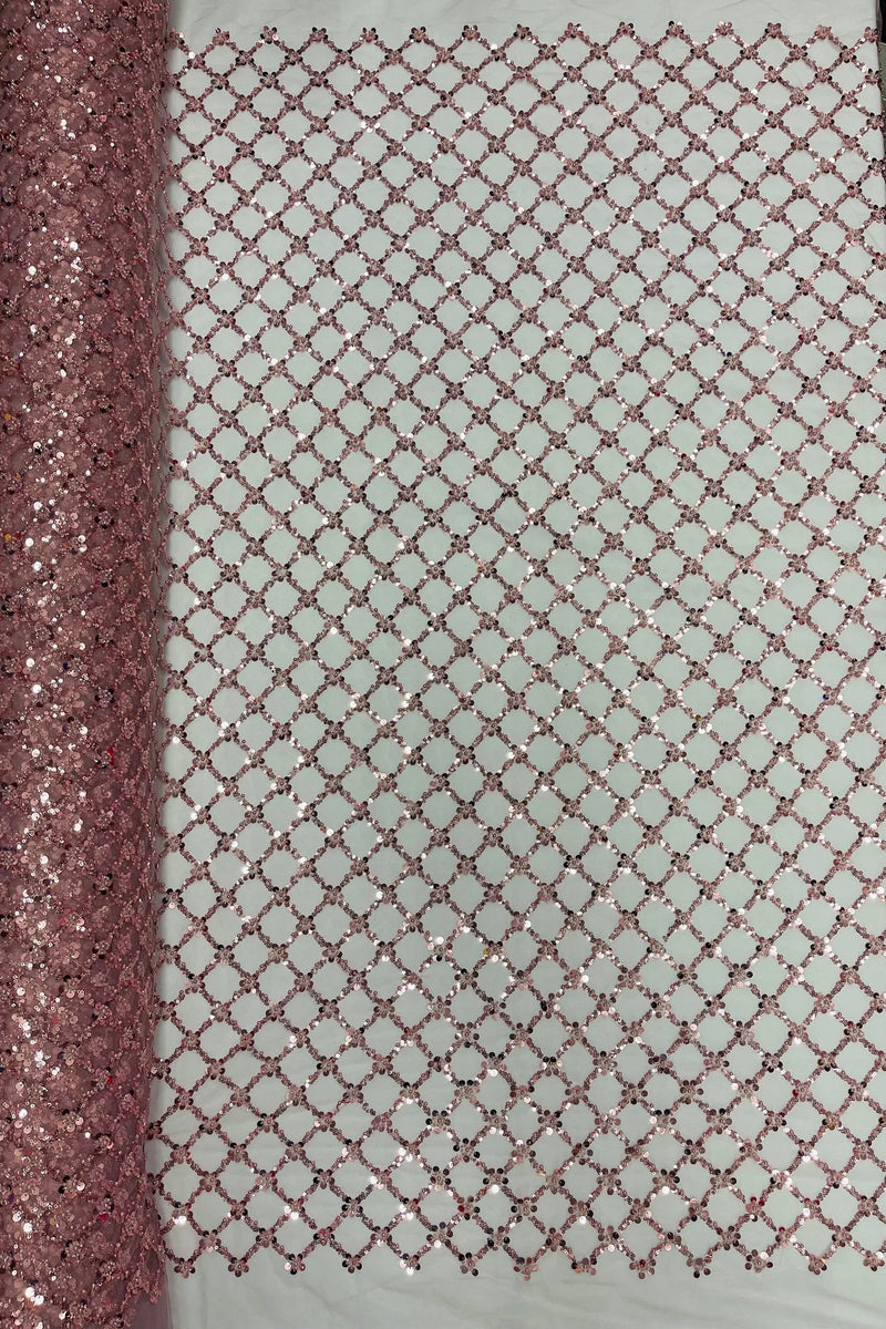 Diamond Net Bead Fabric - Dusty Rose - Geometric Embroidery Beaded Sequins Fabric Sold By The Yard