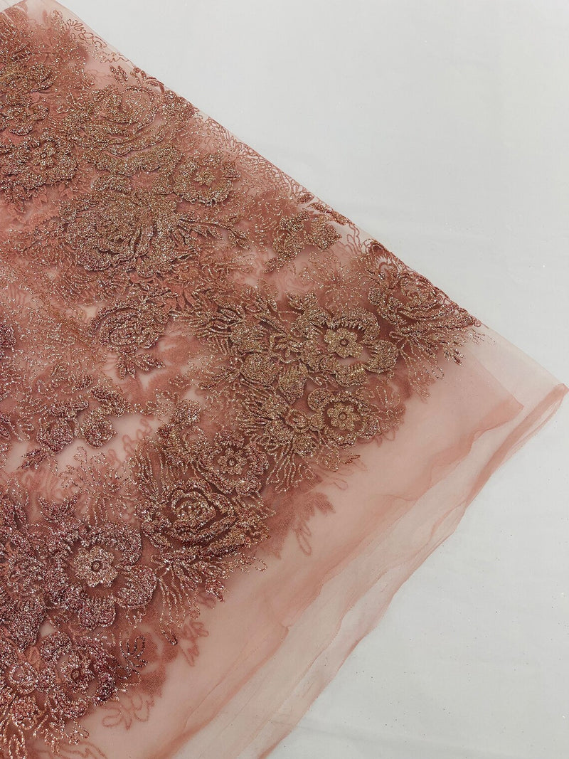 Rose Tulle Glitter Design Fabric - Dusty Rose - 3D Glitter Tulle Rose Plant Design Fabric By Yard