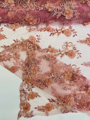 3D Floral Cluster with Border Lace - Dusty Rose - Flower with Leaves Design 3D Fabrics Sold By Yard