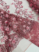3D Glitter Floral Fabric - Dusty Rose - Glitter Sequin Flower Design on Lace Mesh Fabric by Yard