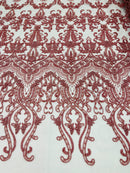 Damask Beaded Glam Fabric - Dusty Rose - Embroidery Beaded Fabric with Round Beads Sold By The Yard