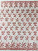 Floral Cluster Corded Fabric - Dusty Rose - Fancy Flower Embroidery Lace Mesh Fabric By Yard