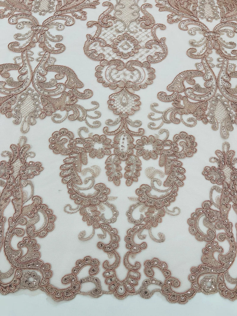 King Lace Design Fabric - Dusty Rose - King Design with Sequins Embroidered On Mesh By Yard