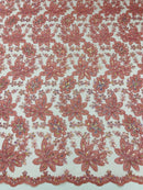 Metallic Floral Lace Fabric - Dusty Rose - Hologram Sequins Floral Metallic Thread Fabric by Yard