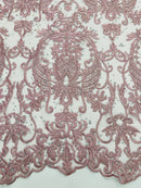 Rhinestone Design Fabric - Dusty Rose - Beaded Damask Design Embroidery Corded Lace  by Yard