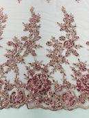 Rose Beaded Sequin Fabric - Dusty Rose - Embroidered Floral Pattern with Beads and Sequins By Yard