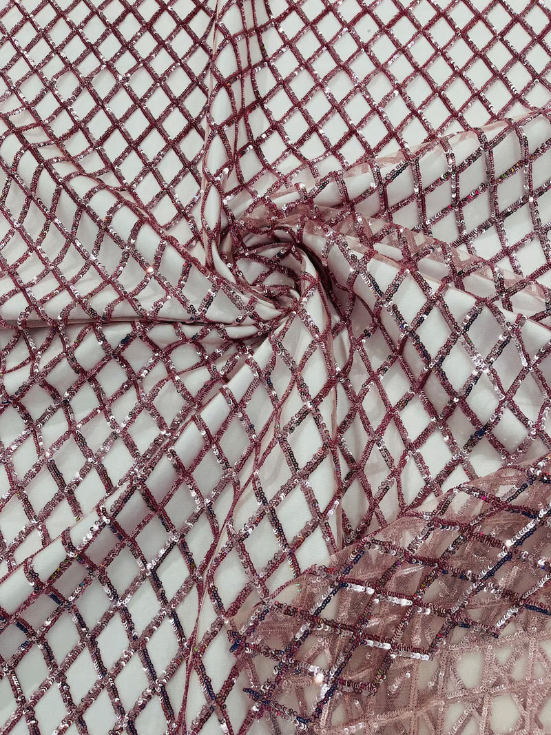 Diamond Net Sequins Fabric - Dusty Rose - Geometric Diamond Net Design on Mesh Lace Fabric By Yard