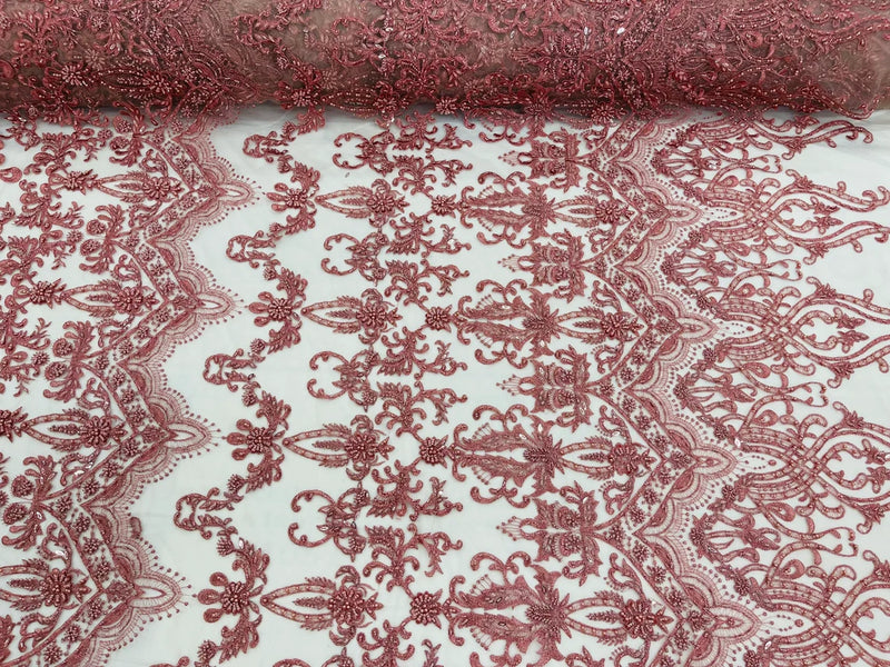 Damask Beaded Glam Fabric - Dusty Rose - Embroidery Beaded Fabric with Round Beads Sold By The Yard