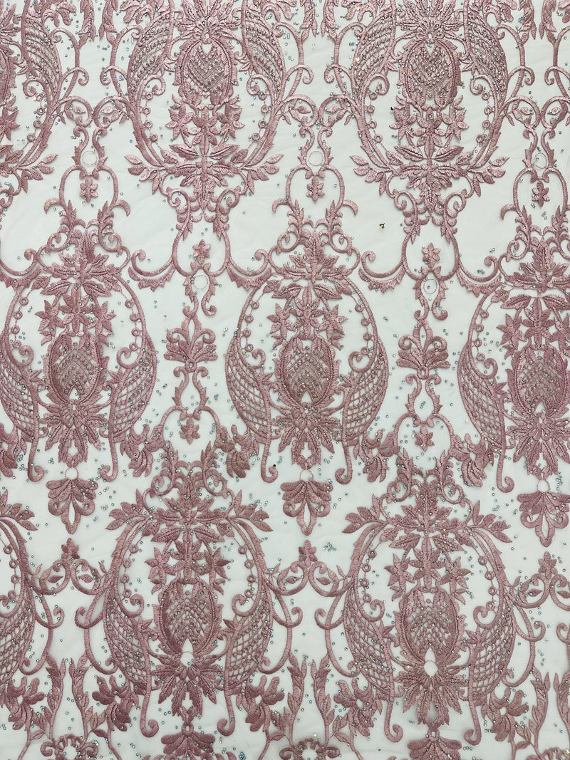 Rhinestone Design Fabric - Dusty Rose - Beaded Damask Design Embroidery Corded Lace  by Yard