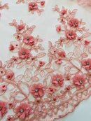 3D Floral Fabric - Dusty Rose - Embroidered Flower with Rhinestone and Sequins Fabric Sold By Yard