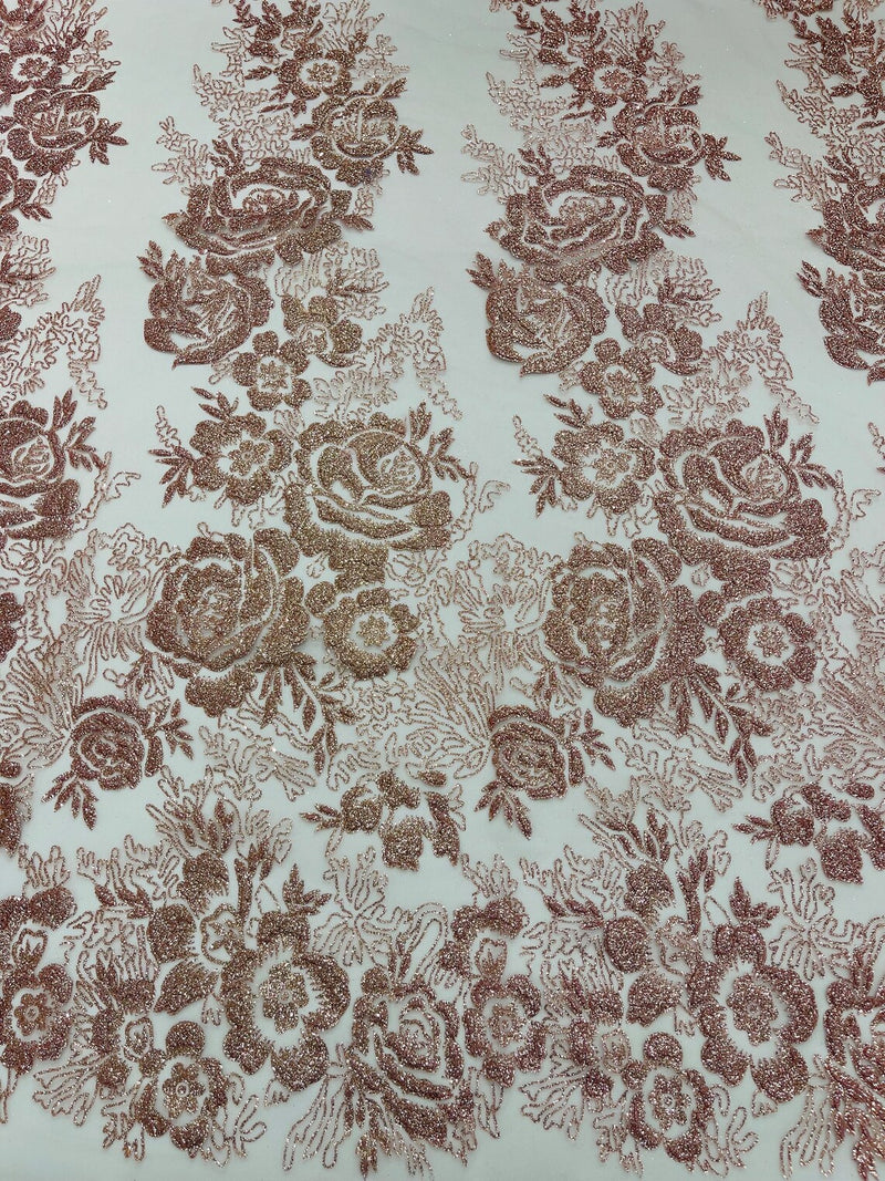 Rose Tulle Glitter Design Fabric - Dusty Rose - 3D Glitter Tulle Rose Plant Design Fabric By Yard