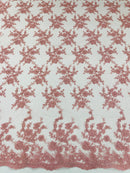 Floral Cluster Corded Fabric - Dusty Rose - Fancy Flower Embroidery Lace Mesh Fabric By Yard