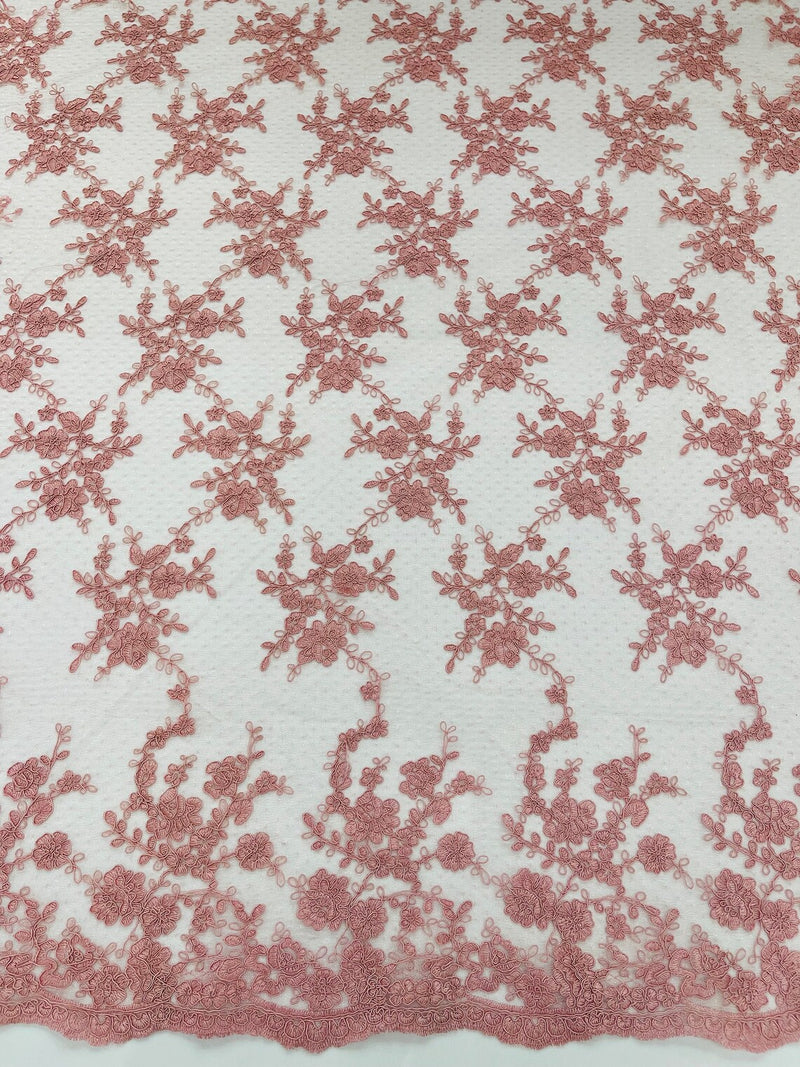 Floral Cluster Corded Fabric - Dusty Rose - Fancy Flower Embroidery Lace Mesh Fabric By Yard