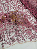 Floral Leaf Bead Fabric - Dusty Rose - Leaf Design Shiny Beads and Sequins on Lace Mesh by Yard