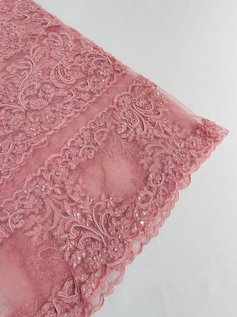 My Lady Beaded Fabric - Dusty Rose - Damask Beaded Sequins Embroidered Fabric By Yard