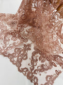 King Lace Design Fabric - Dusty Rose - King Design with Sequins Embroidered On Mesh By Yard