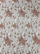 Floral Glitter Design Fabric - Dusty Rose - 3D Glitter Tulle Flower Plant Design Fabric By Yard