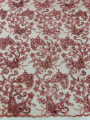 Butterfly Floral Lace Fabric - Dusty Rose - Butterfly Flower Metallic Design on Lace Fabric By Yard