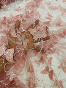 3D Butterfly Sequins Bead Fabric - Dusty Rose - Sequins Embroidered Beaded Fabric By Yard