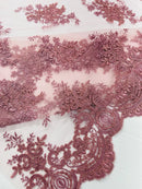 Damask Flower Lace Fabric - Dusty Rose - Damask Flowers Embroidered on Lace Fabric By Yard