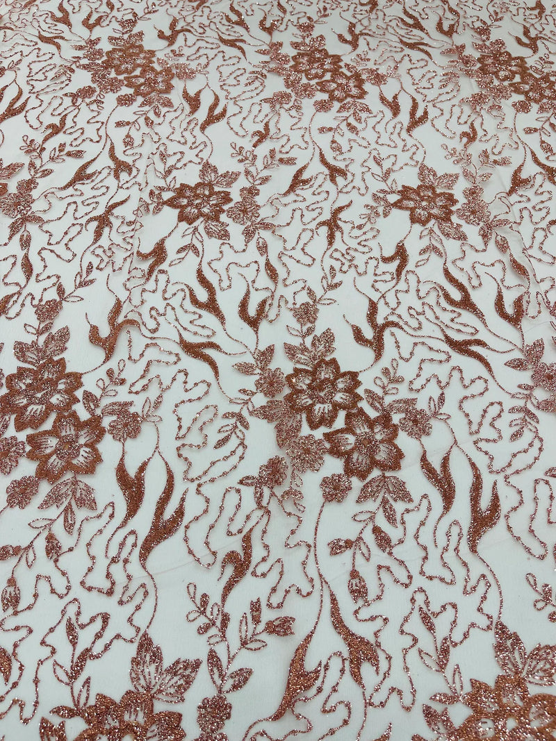 Floral Glitter Design Fabric - Dusty Rose - 3D Glitter Tulle Flower Plant Design Fabric By Yard