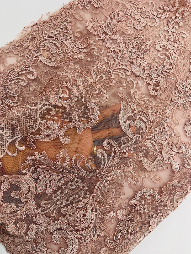 King Lace Design Fabric - Dusty Rose - King Design with Sequins Embroidered On Mesh By Yard