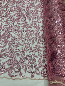 Floral Leaf Bead Fabric - Dusty Rose - Leaf Design Shiny Beads and Sequins on Lace Mesh by Yard
