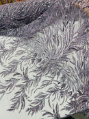 Dark Lilac Beaded Fabric by the yard, Bridal beaded, Damask Pattern With Beads and Sequin