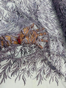 Dark Lilac Beaded Fabric by the yard, Bridal beaded, Damask Pattern With Beads and Sequin