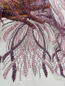 Dark Plum Embroidery Beaded Fabric by Yard, Sequin on a Mesh with Floral Lace