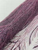 Dark Plum Embroidery Beaded Fabric by Yard, Sequin on a Mesh with Floral Lace