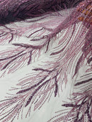 Dark Plum Embroidery Beaded Fabric by Yard, Sequin on a Mesh with Floral Lace