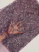 Dk Mauve Beaded Fabric by yard, Bridal beaded, Damask Pattern Beads and Sequins