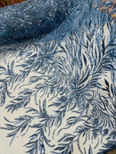 Dusty Blue Beaded Fabric by the yard, Bridal beaded, Damask Pattern With Beads and Sequin (Copy) (Copy)